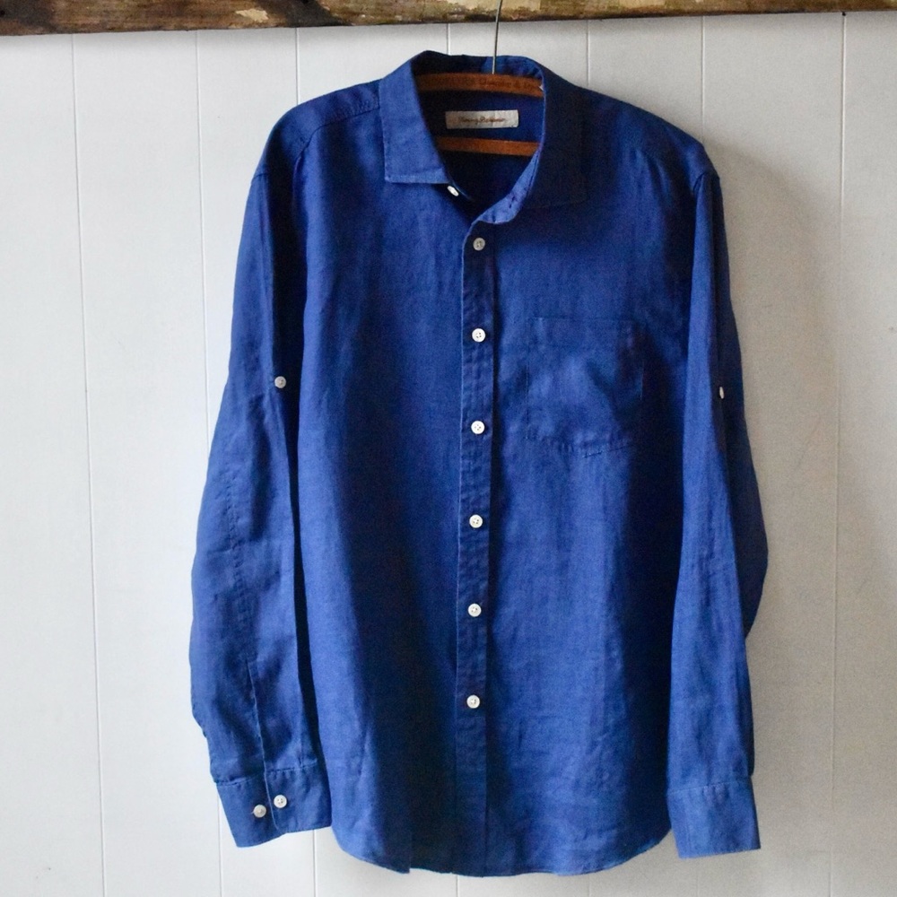 Tommy Bahama 100% Linen Button Down Shirt Royal Blue Large
